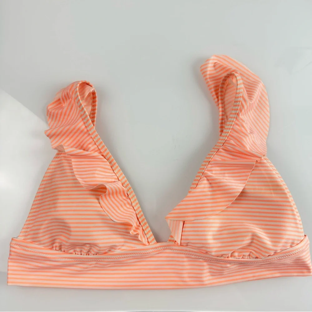 Aerie Swim Top Bikini Triangle Micro Stripe Print Neon Orange White Ruffle Strap